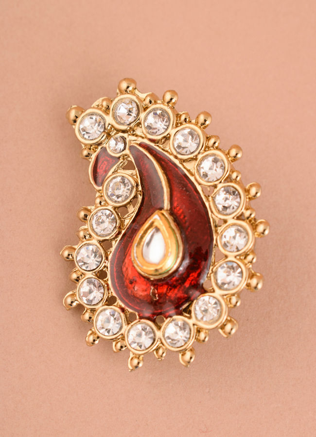 alt message - Manyavar Men Ruby Red Stone Embedded Paisley Brooch image number 0